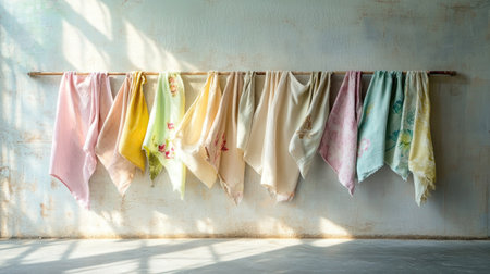 A collection of pastel-colored fabrics gracefully hung on a rod, illuminated by soft sunlight, creating a serene and artistic atmosphere in a rustic setting.の素材