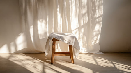 A serene scene featuring a wooden stool draped with white fabric, softly illuminated by natural light, creating gentle shadows in a minimalist space.の素材