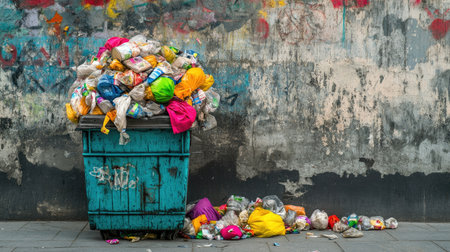 A colorful trash bin overflowing with plastic bags and litter contrasts against a grimy urban wall, highlighting environmental challenges in city spaces.の素材