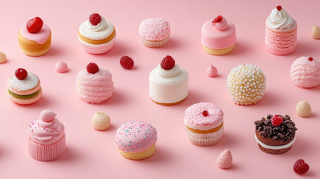 A beautiful arrangement of pink frosted cupcakes with various toppings on a pastel pink background. Ideal for parties, celebrations, and sweet treat designs.の素材