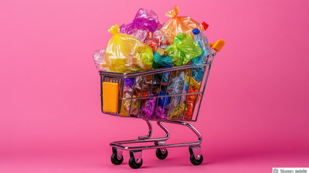 This vivid image features a shopping cart filled with colorful garbage bags against a bright pink background, representing waste and consumerism in modern society.の素材