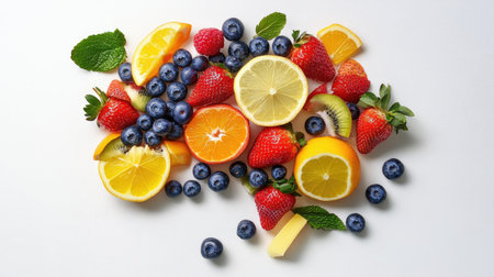 A vibrant assortment of fresh fruits including strawberries, blueberries, lemons, oranges, and kiwi, arranged artfully on a white surface, ideal for culinary imagery.の素材