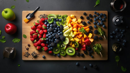 A beautifully arranged wooden board displays a vibrant assortment of fresh fruits, including berries, melons, and apples, ideal for healthy eating and creative cooking.の素材