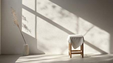This serene minimalist interior features a wooden stool draped with a white tablecloth, accompanied by a dry plant. Soft sunlight casts elegant shadows on the wall, creating a tranquil atmosphere perfect for artistic inspiration.の素材