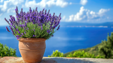 A stunning lavender plant in a rustic terracotta pot sits against a picturesque ocean backdrop, showcasing vibrant colors and serene beauty.の素材