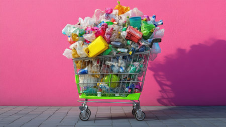 A vibrant shopping cart brimming with plastic waste sits against a striking pink wall, illustrating the issue of pollution and the need for effective recycling solutions.の素材