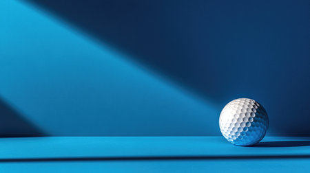 A solitary golf ball rests on a vibrant blue surface, illuminated by striking shadows, showcasing a clean and modern aesthetic perfect for various design themes.の素材