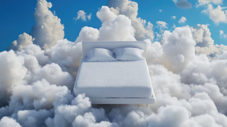 A serene illustration of a white bed floating on soft clouds under a bright blue sky, symbolizing comfort and peaceful dreams. Ideal for relaxation themes.の素材