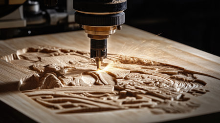 A woodworking machine skillfully engraves a detailed pattern onto a natural wood surface, producing sparks that highlight the craftsmanship and precision involved.の素材