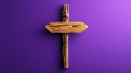 This image features a rustic wooden cross against a striking purple background, embodying themes of spirituality and faith, perfect for artistic exploration.の素材