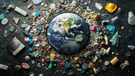 This striking image depicts Earth encircled by various types of plastic waste, highlighting the urgent environmental issues that challenge global populations.の素材