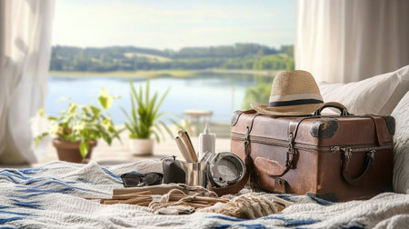 A serene summer getaway scene showcasing a vintage suitcase, hat, and travel essentials arranged by a stunning lakeside view. Perfect for relaxation and escape.の素材