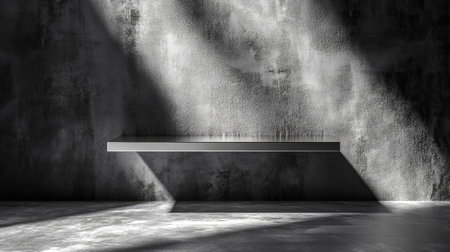 A minimalist studio interior featuring a textured concrete wall and a sleek floating shelf. Ambient light casts soft shadows, highlighting simplicity.の素材
