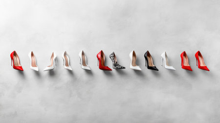 A stunning arrangement of high heels in red, white, and black shades, showcasing modern elegance and diverse styles against a textured background.の素材