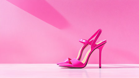This image showcases an elegant pair of pink high heel shoes with a stylish design, set against a soft pink background, perfect for fashion-related projects.の素材