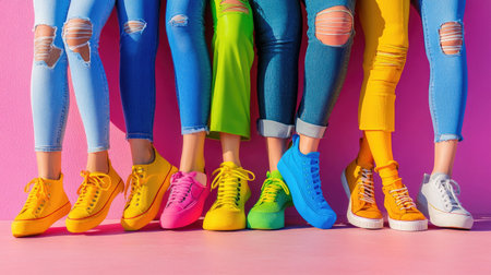 A vibrant display of colorful athletic shoes worn by individuals, showcasing a playful and trendy style against a striking pink background.の素材