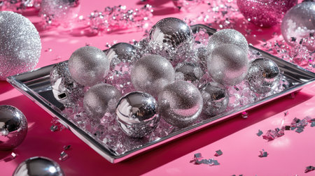 A mesmerizing arrangement of silver and pink holiday decorations on a shiny tray, surrounded by glittering confetti and luxurious baubles, perfect for festive celebrations.の素材