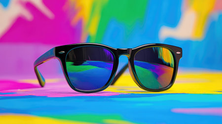 A pair of stylish black sunglasses with colorful reflective lenses resting on a vibrant, artistic background, perfect for summer fashion and outdoor adventures.の素材