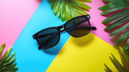 A stylish pair of black sunglasses rests on a vibrant background of pink, blue, and yellow, complemented by lush green leaves, evoking summer vibes.の素材