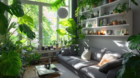 This inviting living room features a cozy couch surrounded by vibrant house plants. Natural light floods the space through large windows, creating a serene atmosphere. Perfect for relaxation and indoor gardening inspiration!の素材