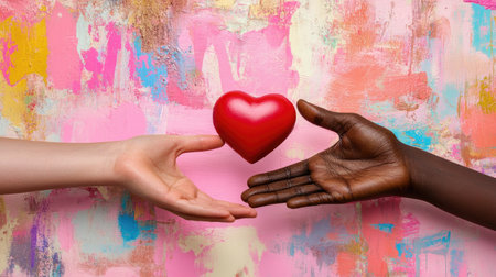Two hands of distinct skin tones reach toward a vibrant red heart, symbolizing love and unity against a colorful abstract backdrop.の素材