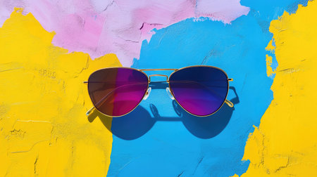 This striking image features stylish sunglasses resting on an abstract background of bright blue, pink, and yellow paint strokes, embodying summer fun and creativity.の素材