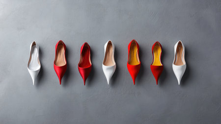 A minimalist arrangement of stylish red and white high heels on a gray background, showcasing modern footwear design for fashion and beauty contexts.の素材