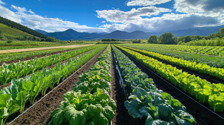 Expansive view of a vibrant vegetable farm showcasing rows of fresh greens with mountains in the background. Ideal for agricultural themes.の素材