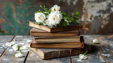 A serene composition featuring vintage books stacked on a wooden surface, adorned with white roses. This image evokes a charming and cozy atmosphere perfect for literary themes and home decor.の素材