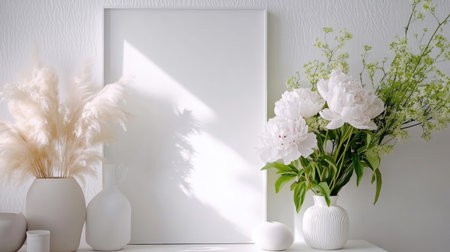 Beautiful floral arrangement featuring white peonies and soft greenery in elegant vases. Minimalist design enhances the serene atmosphere in the room.の素材
