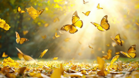 A captivating scene of golden butterflies fluttering amidst sunlit autumn leaves. The peaceful setting captures the essence of a vibrant natural environment.の素材