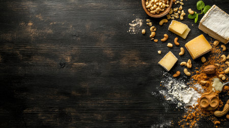 A visually appealing spread of assorted nuts, cheeses, and spices on a dark wooden background, suitable for culinary presentations and food-related projects.の素材