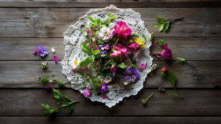 A charming collection of freshly picked wildflowers elegantly arranged on a delicate lace doily, set against a rustic wooden table, showcasing nature's beauty.の素材