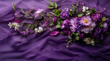 A stunning floral arrangement set against a rich purple fabric background, showcasing a harmonious blend of colorful flowers and lush green leaves. Perfect for themes of beauty and elegance.の素材