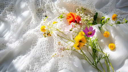 A serene arrangement of colorful wildflowers set against soft white fabric, perfect for capturing the beauty of nature in your creative projects.の素材