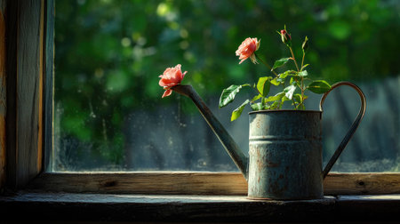 A beautiful vintage watering can with fresh pink roses sits gracefully on a sunlit windowsill, creating a serene and inviting atmosphere with lush greenery in the background.の素材