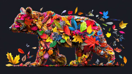 This stunning artwork features a bear creatively constructed from colorful leaves and flowers, highlighting the beauty of nature and artistic talent in a vibrant display.の素材