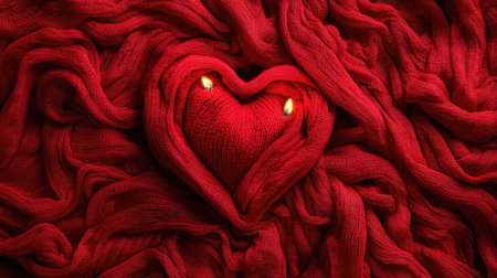 This image showcases a heart shape formed from soft red textiles, creating a cozy and warm atmosphere. The glow of small flames adds a romantic touch.の素材