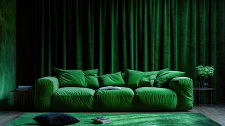 A cozy modern green sofa invites relaxation in a stylish living room. The lush green decor, complete with pillows and curtains, enhances the contemporary ambiance.の素材