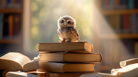 A charming owl chick sits on a stack of books, illuminated by warm light in a cozy library. This image captures the essence of learning and curiosity.の素材