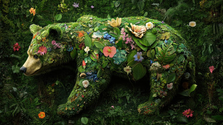 A captivating representation of a bear adorned with vivid flowers and lush leaves, set in a magical forest. Perfect for nature, wildlife, and conservation themes.の素材