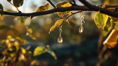 This stunning image showcases elegant teardrop earrings delicately hanging from vibrant green leaves, illuminated by soft natural light. It beautifully merges nature and jewelry design.の素材