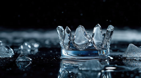 An artistic representation of a crystal crown surrounded by shattered ice pieces, set against a dark background and enhanced by reflective surfaces.の素材