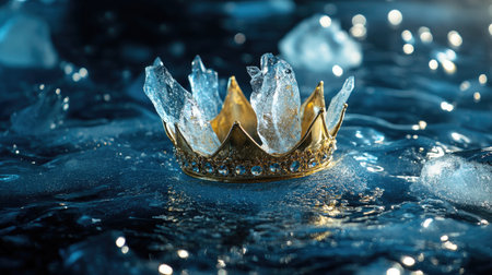 A stunning golden crown sits atop sparkling blue water, adorned with sharp ice crystals, merging themes of royalty and winter beauty in a captivating scene.の素材