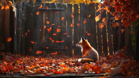A beautiful red fox sits quietly among fallen autumn leaves, basking in warm sunlight. The scene captures the essence of nature in a peaceful, enchanted forest setting.の素材