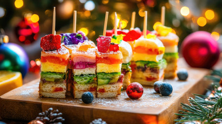 A vibrant display of colorful layered desserts featuring gelatin and fruit, perfect for festive celebrations. Ideal for Christmas gatherings and parties.の素材