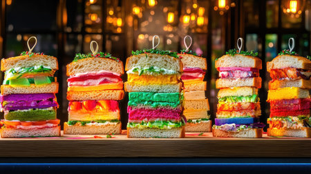 A visually striking display of colorful sandwich stacks featuring vibrant layers and fresh ingredients. Perfect for food photography or culinary events.の素材