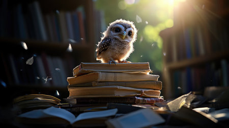 A charming young owl perches atop stacks of books in a softly lit library. The warm, inviting atmosphere evokes a sense of adventure and wonder in learning.の素材
