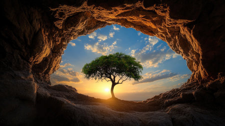 A breathtaking view of a single tree standing alone in a picturesque landscape, framed by a rocky cave opening at sunset. The luminous sky, filled with clouds, adds an enchanting atmosphere to this serene moment in nature.の素材
