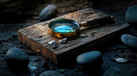 A vintage magnifying glass rests on a piece of weathered wood surrounded by smooth stones. The low light highlights the shiny surface and intricate details, creating an atmosphere of exploration and curiosity. Perfect for themes of discovery and nature.の素材